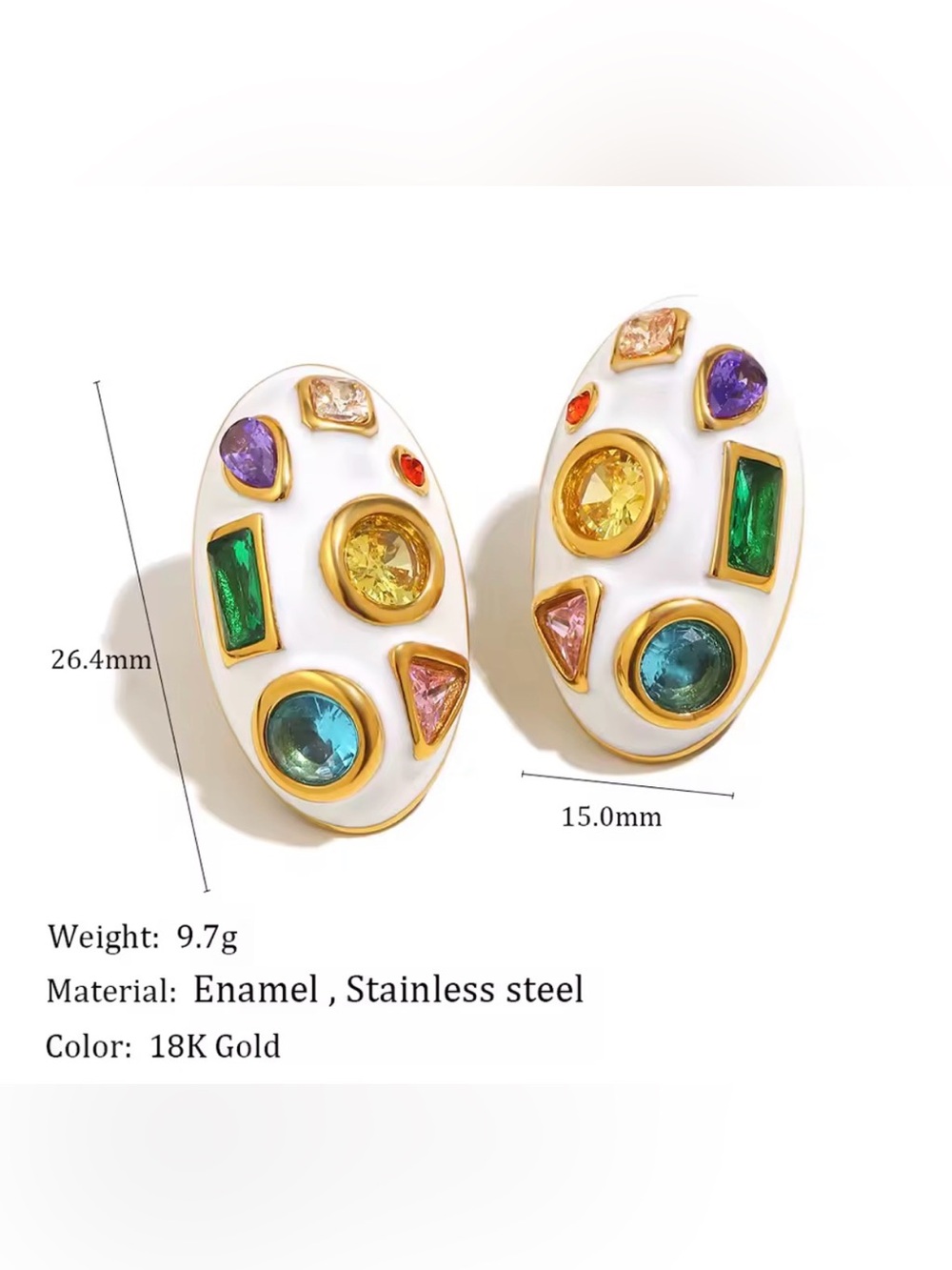 Gold-Tone White Enamel Multicolor Gemstone Oval Stud Earrings
